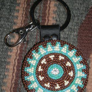 Authentic Native American Beaded 2 1/2" Bronze Turquoise Medallion Keychain